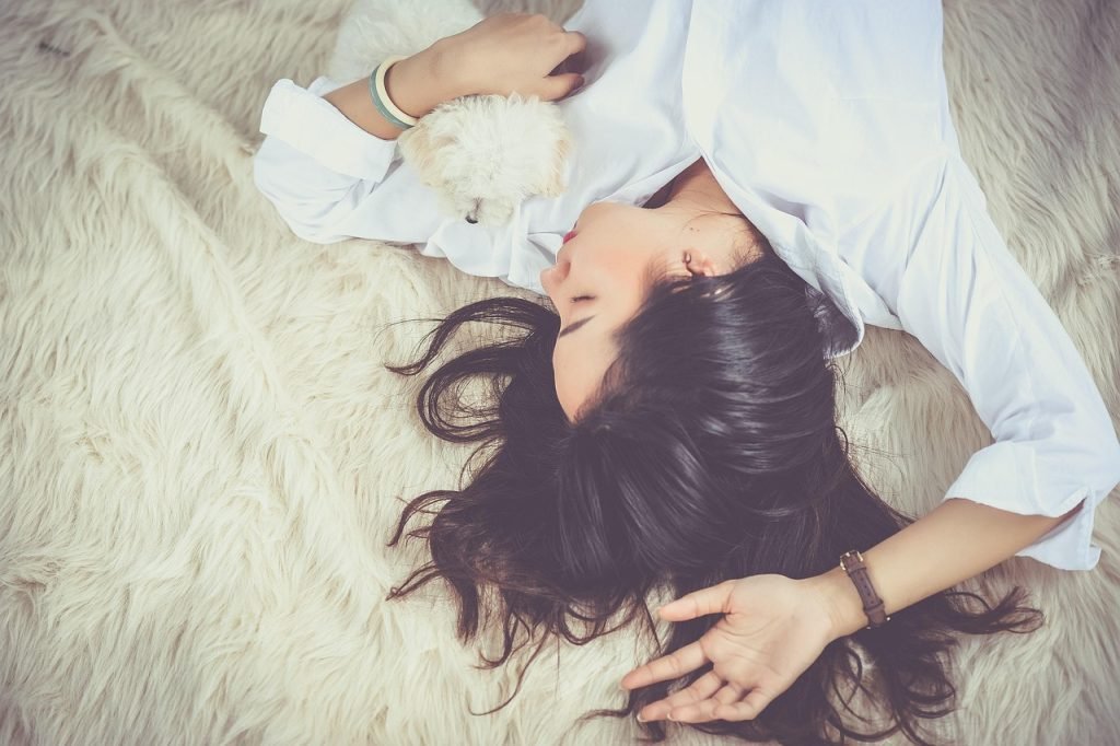 girl, sleep, lying down, dog, pet, owner, asian, asian woman, young woman, upside down, animal, asleep, sleeping, sleeping woman, female, woman, dreaming, portrait, resting, relax, dream